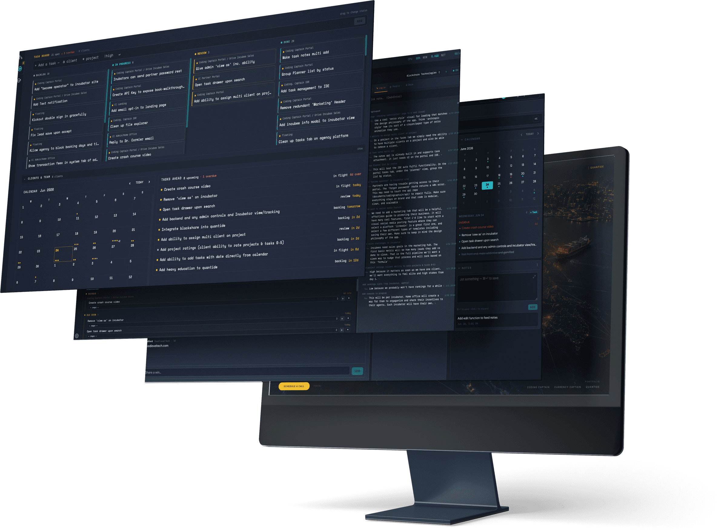 The Coding Captain operator cockpit — client projects on the task board, the client roster, and the week ahead in one app